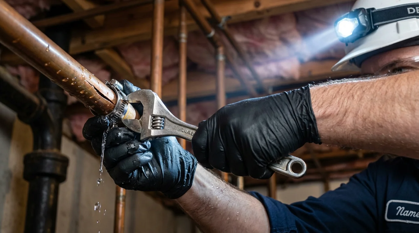 Emergency pipe clamp repair being performed by a Johns Plumbing LLC plumber in Lovelock